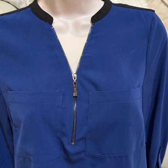 Women’s new Guess black dark blue blouse xs small zip front long sleeve - Picture 2 of 5